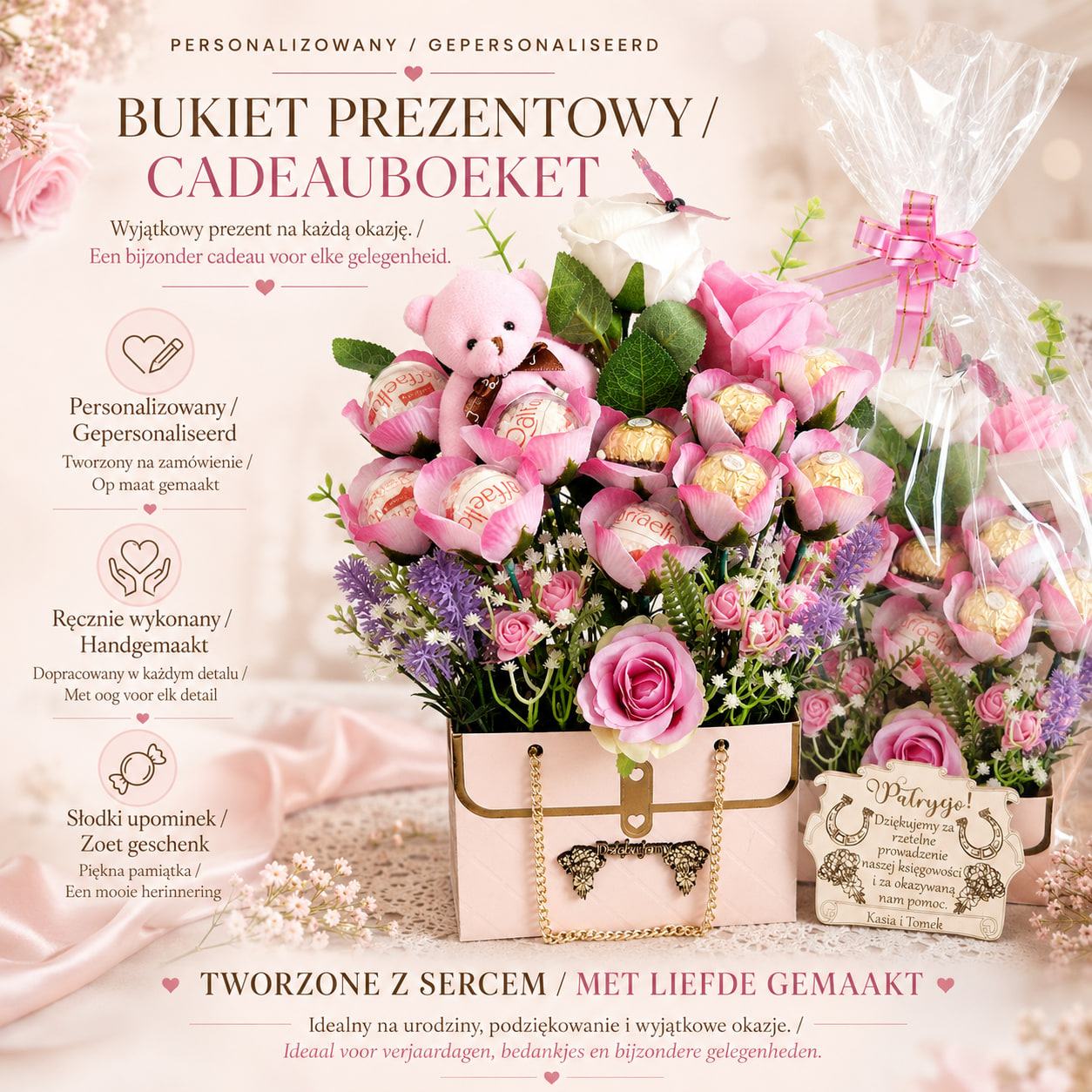 Overzicht van een cadeauboeket (tekst in de afbeelding in het Pools en Nederlands)
