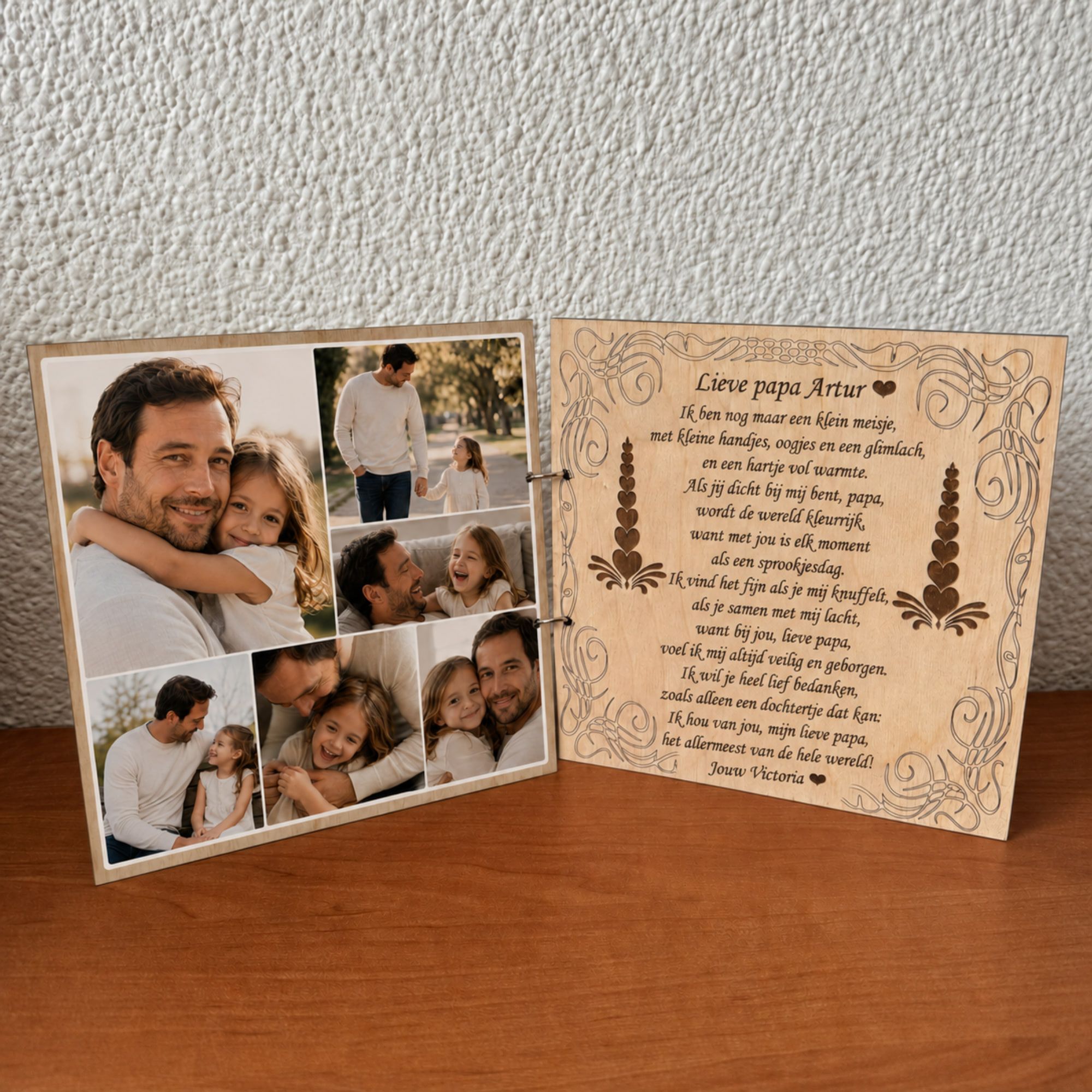 Houten fotoboek ‘Lieve papa’ met fotocollage en gegraveerd Nederlands gedicht