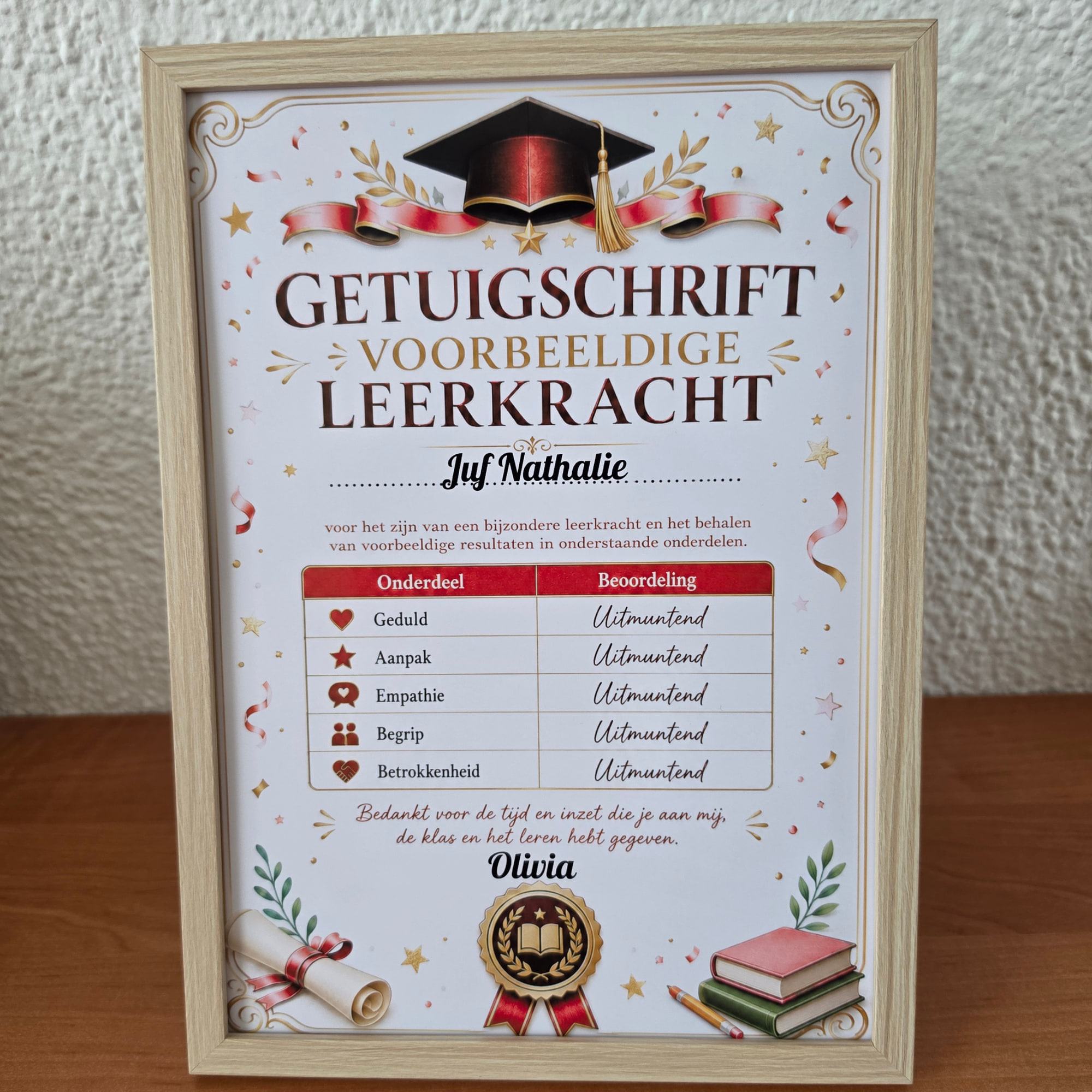 Ingelijst ‘Getuigschrift voorbeeldige leerkracht’ met persoonlijke beoordelingen