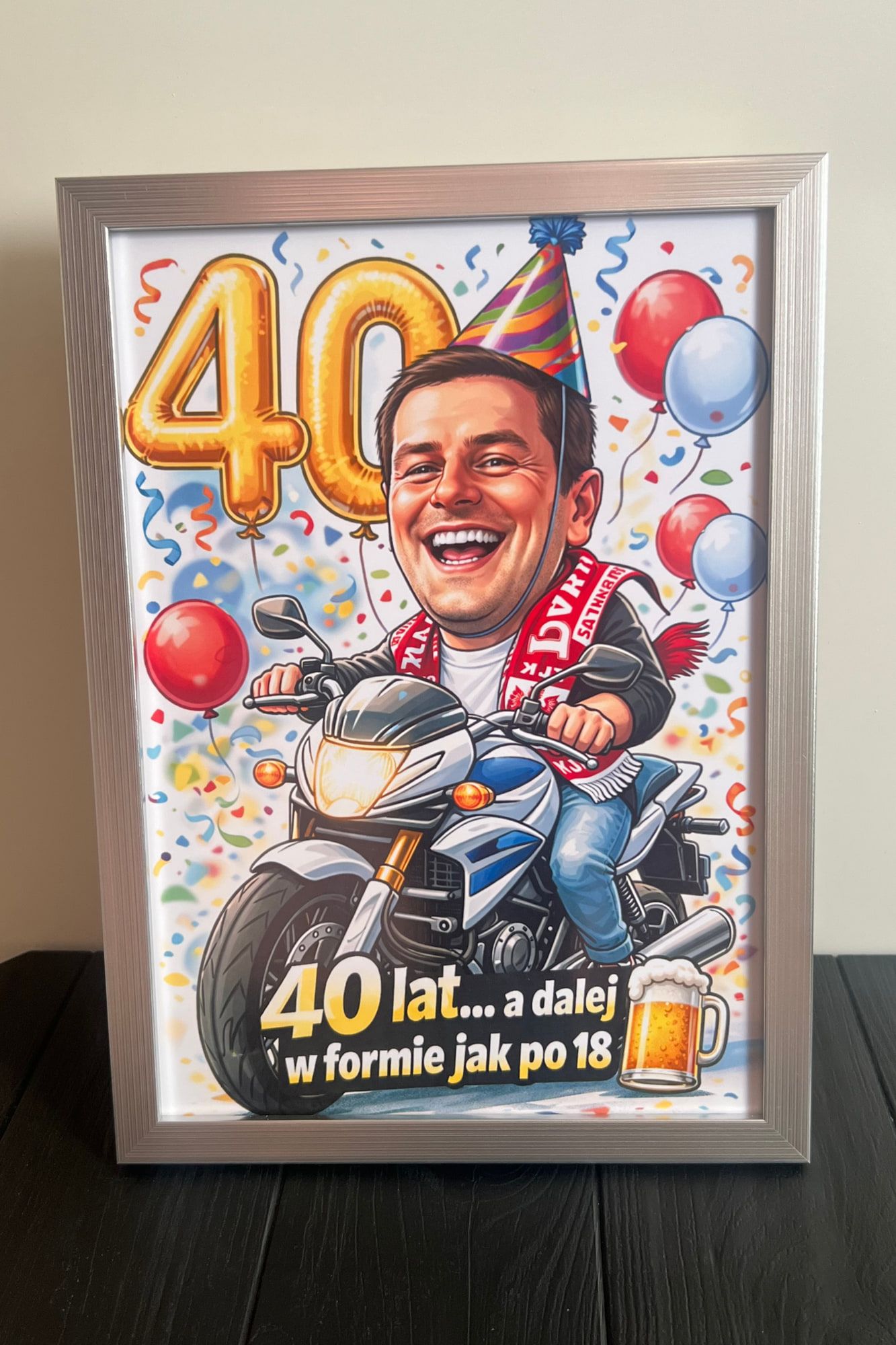 Verjaardagsposter met karikatuur op motor voor een 40e verjaardag
