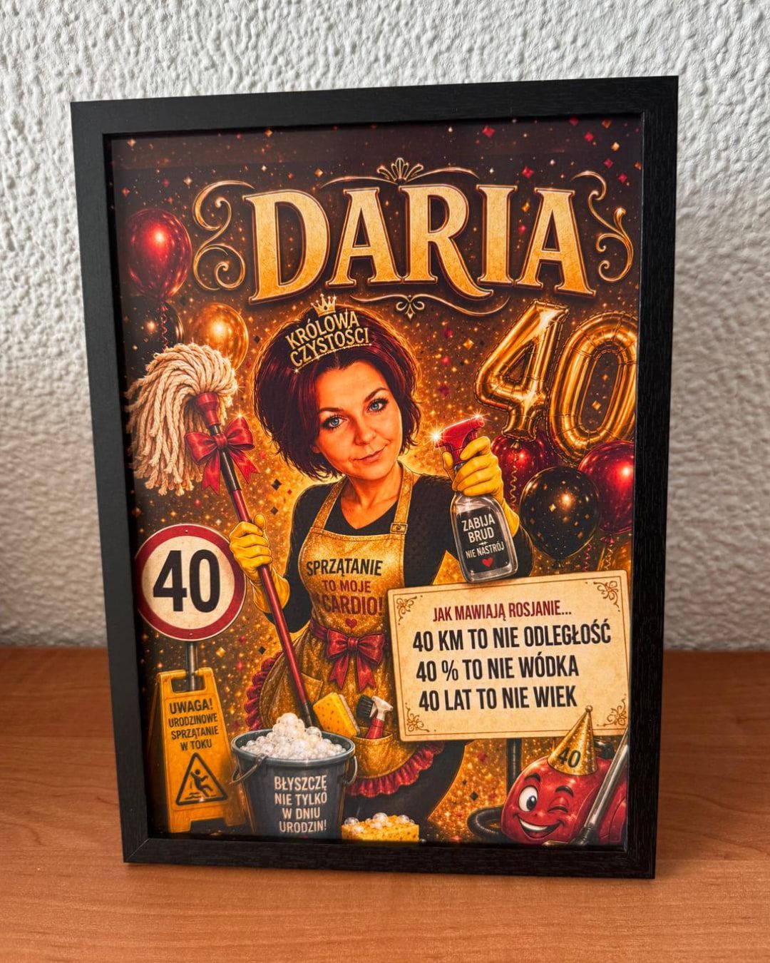 Ingelijste verjaardagsposter met karikatuur voor een 40e verjaardag