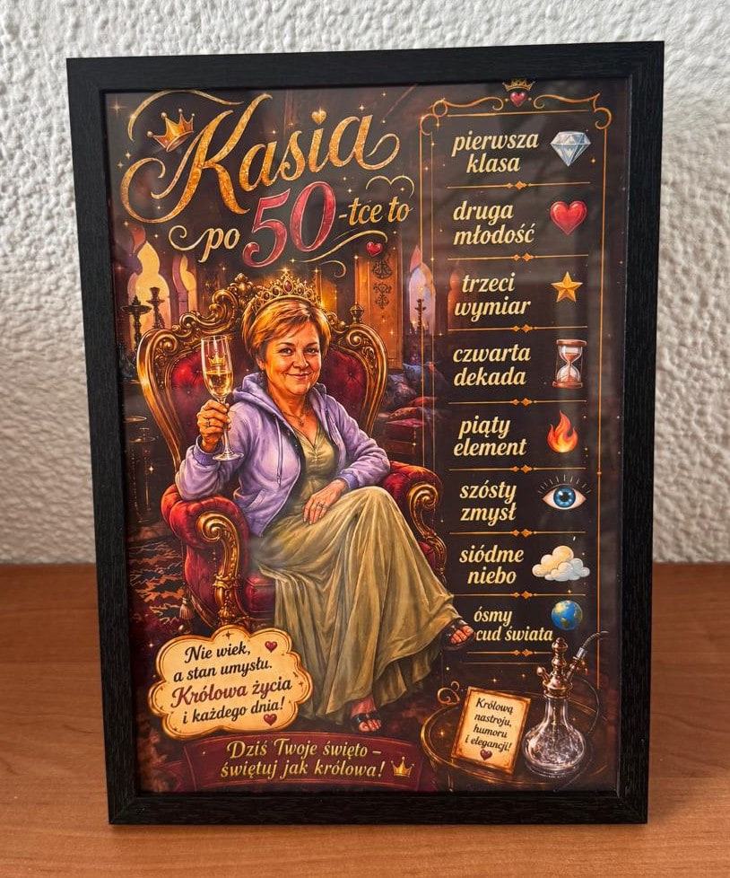 Ingelijste poster ‘koningin’ met karikatuur voor een 50e verjaardag
