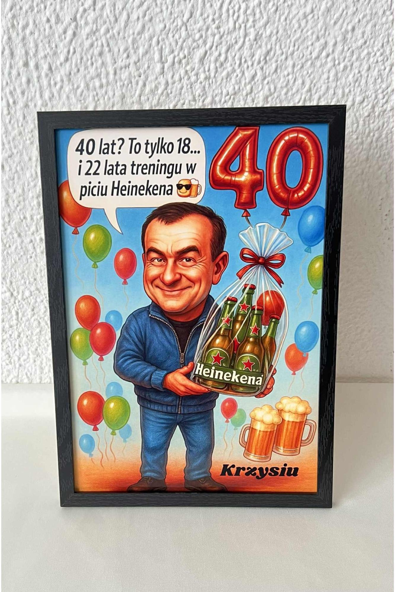 Humoristische verjaardagsposter met karikatuur en ballonnen